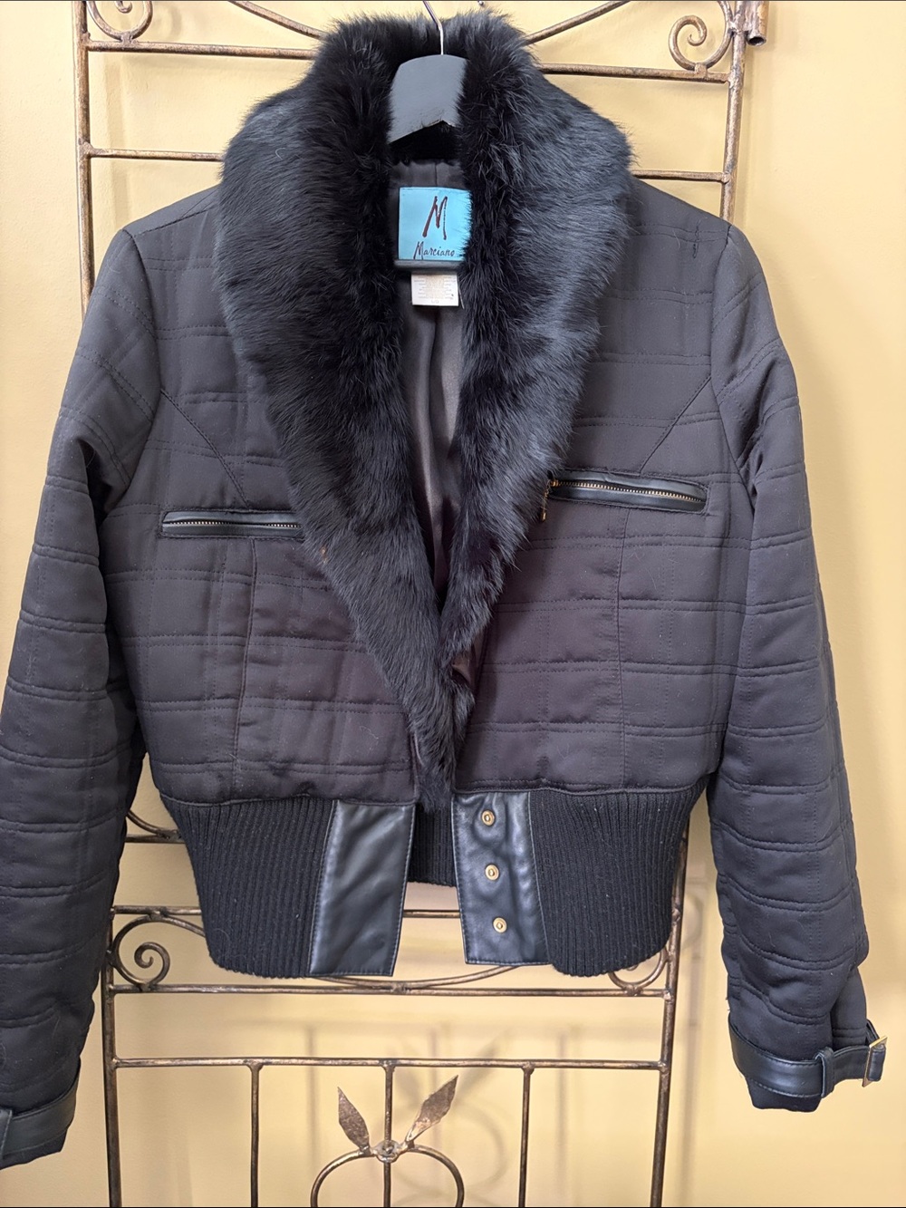Marciano Black Quilted Bomber Jacket with Leather & Fur